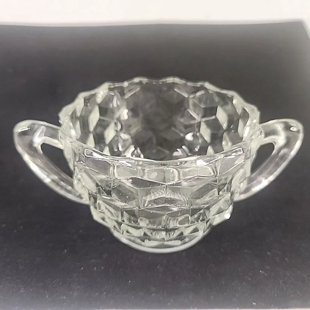 Cream & Sugar Bowl Glass Geometric Pattern Scalloped Rims Sunburst Bottoms VTG